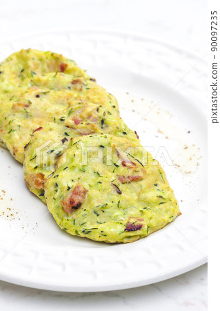 still life of zucchini cakes with bacon still life of zucchini cakes with bacon 90097235