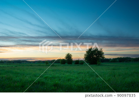 Evening sky after sunset over a green meadow 90097835