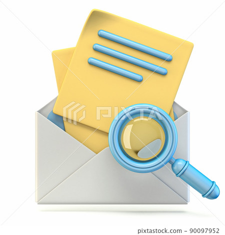 Mail icon with magnifying glass and documents pages 3D 90097952