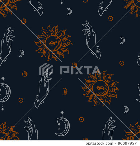 Magical seamless pattern with the sun, stars, moon. Alchemical cosmos. Celestial pattern. Vector hand-drawn background. Magical seamless pattern with the sun, stars, moon. Alchemical cosmos. Celestial pattern. Vector hand-drawn background. 90097957