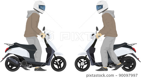 Next to the person pushing the scooter 90097997