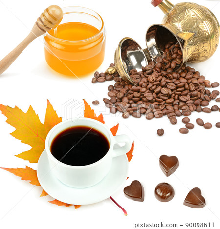 Cup of coffee, coffee pot and grains of coffee, honey and chocolates isolated on white .Collage. 90098611