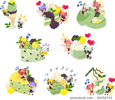 抹茶甜點的插圖，如布丁、華夫餅和冰沙和可愛的花仙子 90098743