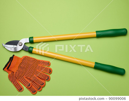 Large garden pruner for pruning branches on trees and orange textile gloves on a green paper background, top view Large garden pruner for pruning branches on trees and orange textile gloves on a green paper background, top view 90099006