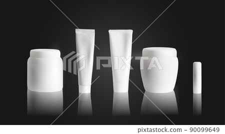 Cream tube mockup with white jar and lipstick on black background. Cosmetics packaging mock up. Vector illustration. Cream tube mockup with white jar and lipstick on black background. Cosmetics packaging mock up. Vector illustration. 90099649