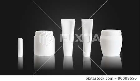 Cream tube mockup with white jar and lipstick on black background. Cosmetics packaging mock up. Vector illustration. Cream tube mockup with white jar and lipstick on black background. Cosmetics packaging mock up. Vector illustration. 90099650