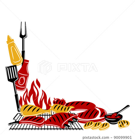 Bbq background with grill objects and icons. Stylized kitchen and restaurant items. 90099901