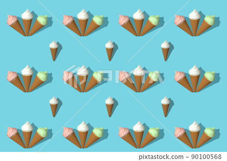 Seamless pattern of cones of multi-colored ice cream 3d rendering. Pink, white and green ice cream with shadow are isolated on blue background. Summer concept. Pattern design for banner, poster, flyer 90100568