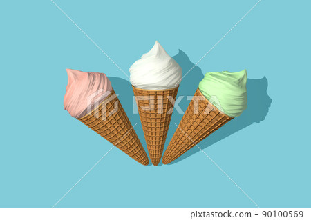 Three cones of multi-colored ice cream 3d rendering. Pink, white and green ice cream with a shadow are isolated on a blue background. Summer concept. Three cones of multi-colored ice cream 3d rendering. Pink, white and green ice cream with a shadow are isolated on a blue background. Summer concept. 90100569
