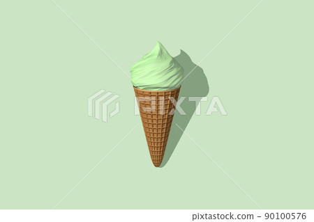 Green pistachio ice cream with shadow rendering 3D. Green ice cream isolated on light green background. Side view. The concept of taste of summer. 90100576