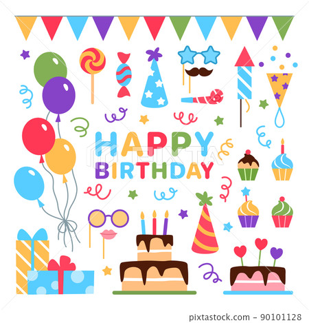 Happy Birthday elements set. Flat colorful bright objects for background, greeting card, banner, typography, poster, postcard design. Carnival party celebration cake cupcake, hat illustration. 90101128
