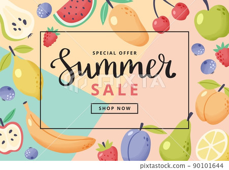 Summer sale banner with fruits. Hand drawn cute fruits and lettering. Vector illustration colorful template in flat cartoon style Summer sale banner with fruits. Hand drawn cute fruits and lettering. Vector illustration colorful template in flat cartoon style 90101644