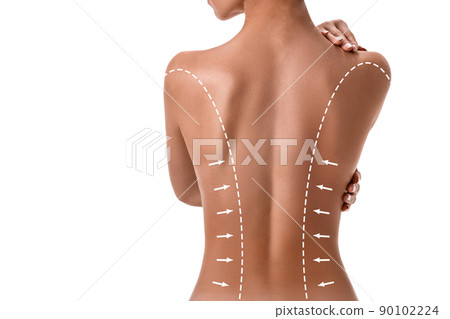Female body with the drawing arrows on it isolated on white. Fat lose, liposuction and cellulite removal concept. Female body with the drawing arrows on it isolated on white. Fat lose, liposuction and cellulite removal concept. 90102224