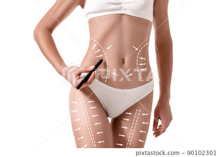 Female body with the drawing arrows on it isolated on white. Fat lose, liposuction and cellulite removal concept. 90102301