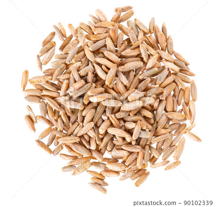 Rye grains isolated on white background. Pile of rye malt seeds close up. Dry grains of winter rye. Top view. 90102339