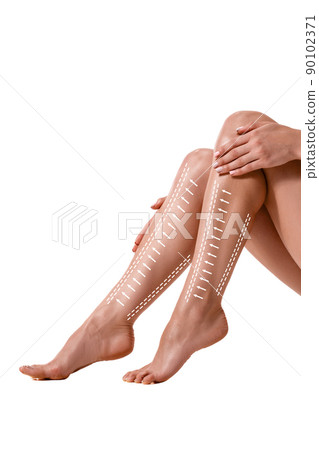 Beautiful slim fit woman touching her body with arrows isolated on white background 90102371