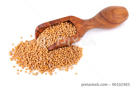 Mustard seeds in olive scoop, isolated on white background. Pile of dry mustard grains. 90102983