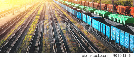 Railway station of freight trains from a height at sunset Railway station of freight trains from a height at sunset 90103366