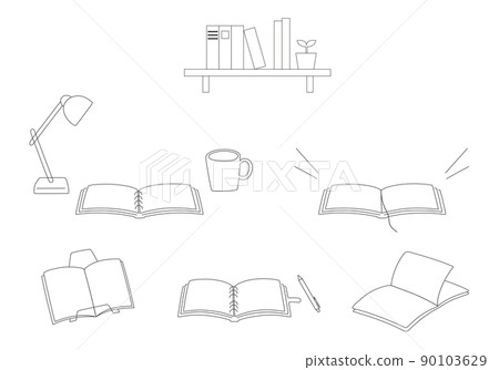 Line drawing illustration set of unfolded books and notebooks (monochrome) 90103629