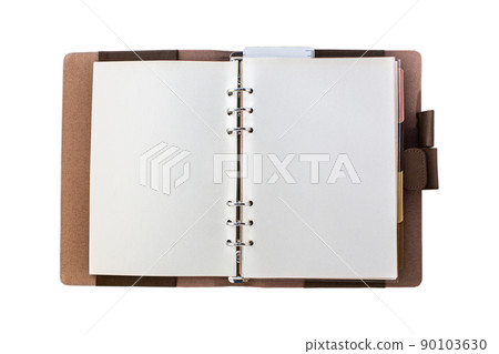 Open leather cover ring planner isolated on white background. 90103630