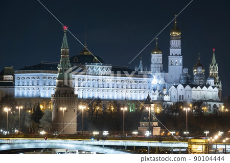 Moscow Kremlin, Kremlin Embankment and Moscow River at night in Moscow, Russia. Architecture and landmark of Moscow Moscow Kremlin, Kremlin Embankment and Moscow River at night in Moscow, Russia. Architecture and landmark of Moscow 90104444