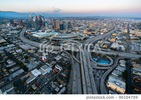 The downtown Los Angeles California and the city traffic at dusk 90104789