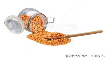 red lentils in wooden scoop and in glass storage jar isolated on white background. red lentils in wooden scoop and in glass storage jar isolated on white background. 90105152