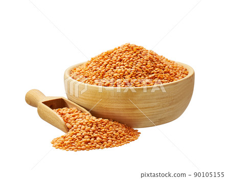 red lentils in wooden scoop and bowl isolated on white background. red lentils in wooden scoop and bowl isolated on white background. 90105155