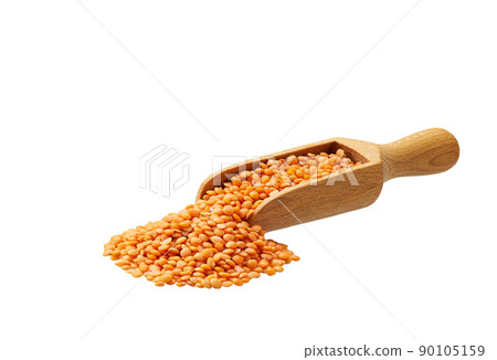 Small wooden spoon or scoop with red lentils isolated on white background. Small wooden spoon or scoop with red lentils isolated on white background. 90105159