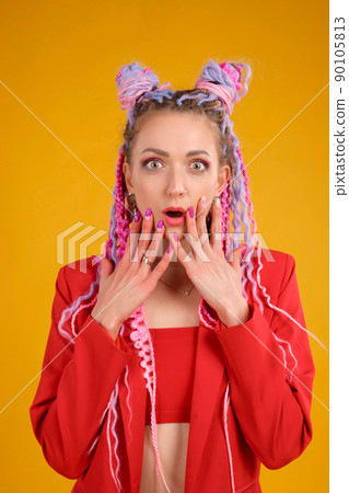 Funny young woman portrait with emotion of surprising and wondering. Funny young woman portrait with emotion of surprising and wondering. 90105813