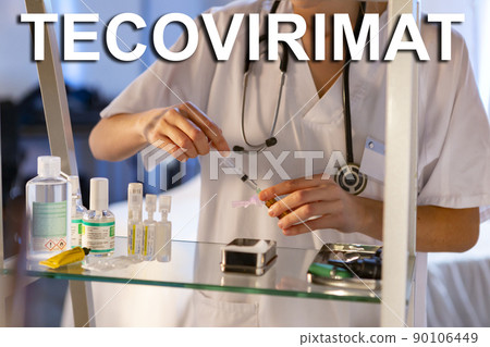 Tecovirimat. Nurse. Medical. Text written on an unfocused background and virus design of a nurse with an injection to give a vaccine. Virus disease concept. photography and design. Smallpox. Monkeypox 90106449