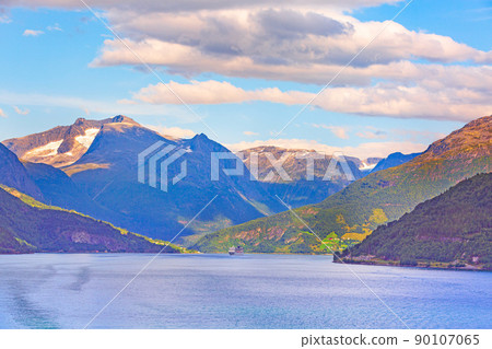 Norway fjord sunset panorama, mountain landscape Norway fjord sunset panorama, mountain landscape 90107065