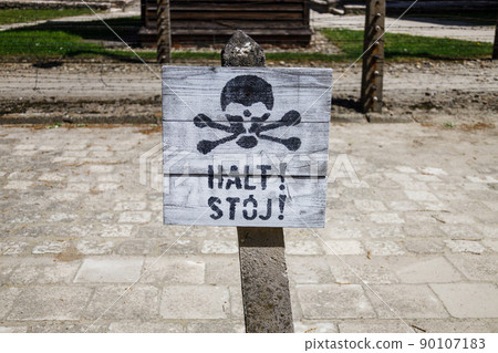 Stop sign at the Auschwitz-Birkenau concentration camp. Holocaust memorial Stop sign at the Auschwitz-Birkenau concentration camp. Holocaust memorial 90107183