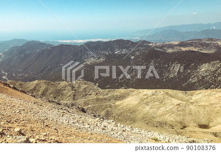 sandy mountain, mountains against the blue sky. Grass and bushes grow above. leisure. hiking paths made of sand on the mountain sandy mountain, mountains against the blue sky. Grass and bushes grow above. leisure. hiking paths made of sand on the mountain 90108376