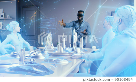 Man in cyberspace of meta universe discussing architectural project 90108494