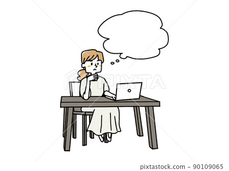 A woman thinking at home or in the office, a speech bubble and a person A woman thinking at home or in the office, a speech bubble and a person 90109065