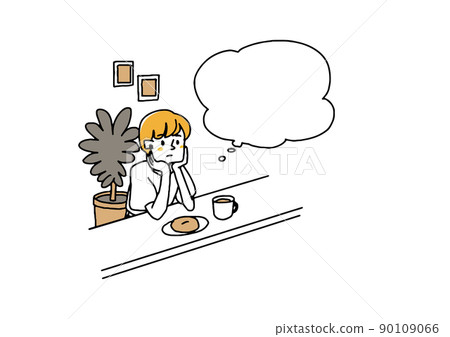 一個在家或在辦公室思考的女人,一個講話泡泡和一個人 一個在家或在辦公室思考的女人,一個講話泡泡和一個人 90109066