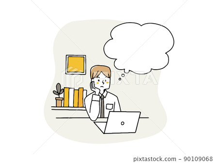 一個在家或在辦公室思考的人 一個講話泡泡和一個人 一個在家或在辦公室思考的人 一個講話泡泡和一個人 90109068
