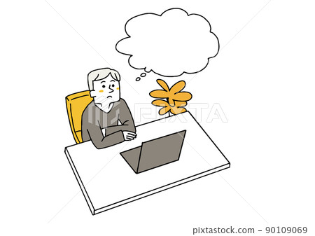 一個在家或在辦公室思考的人 一個講話泡泡和一個人 一個在家或在辦公室思考的人 一個講話泡泡和一個人 90109069