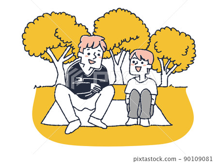 父子坐在公園裡聊天 溫暖的父母支持孩子 滑稽的手寫人 90109081