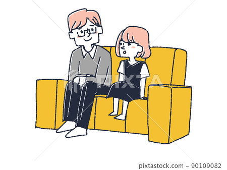 一個坐在沙發上聽女兒說話的父親,一個支持孩子的溫暖父母,一個可笑的手寫人。 一個坐在沙發上聽女兒說話的父親,一個支持孩子的溫暖父母,一個可笑的手寫人。 90109082