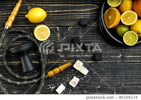 Stylish Smoking hookah and basket with lemon, lime and orange on Stylish Smoking hookah and basket with lemon, lime and orange on 90109134