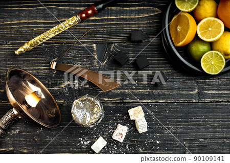 Stylish Smoking hookah and basket with lemon, lime and orange on 90109141
