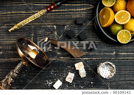 Stylish Smoking hookah and basket with lemon, lime and orange on Stylish Smoking hookah and basket with lemon, lime and orange on 90109142