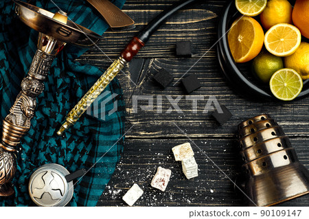 Stylish Smoking hookah and basket with lemon, lime and orange on Stylish Smoking hookah and basket with lemon, lime and orange on 90109147