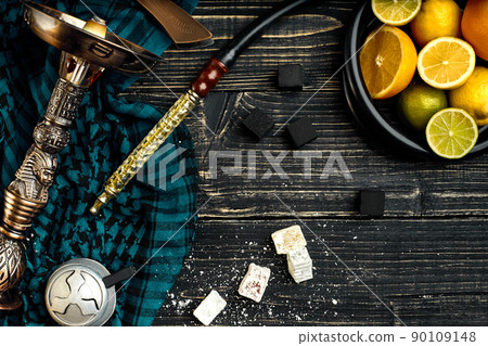 Stylish Smoking hookah and basket with lemon, lime and orange on 90109148