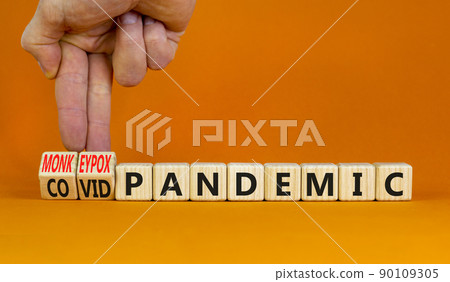 Monkeypox or covid pandemic symbol. Changed concept words Covid pandemic to Monkeypox pandemic on wooden blocks. Doctor hand. Medical and monkeypox or covid pandemic concept. Copy space. Monkeypox or covid pandemic symbol. Changed concept words Covid pandemic to Monkeypox pandemic on wooden blocks. Doctor hand. Medical and monkeypox or covid pandemic concept. Copy space. 90109305