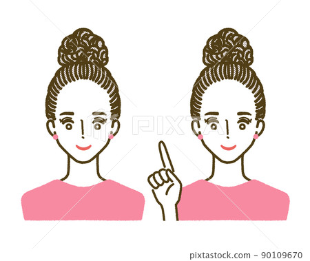 Illustration of a woman smiling and pointing her finger Illustration of a woman smiling and pointing her finger 90109670