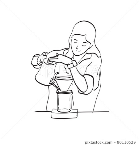 female barista pouring hot water from classic jar to arabica coffee in filter illustration vector hand drawn isolated on white background line art. 90110529