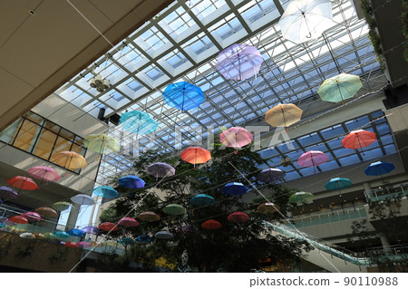 Looking up at the colorful umbrella sky displayed in the shopping district 90110988